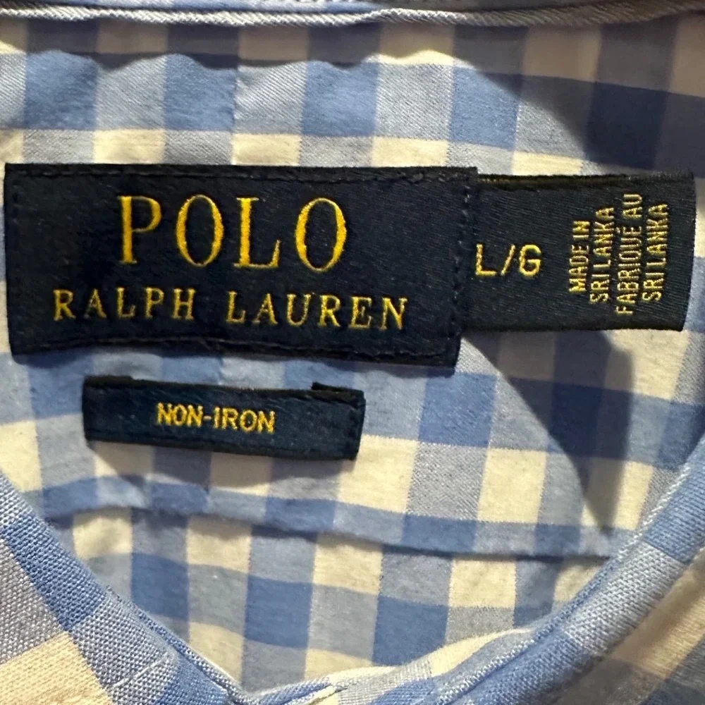 Polo Ralph Lauren Shirt Mens Large Blue Gingham Non-Iron Slim Fit Excellent Logo
